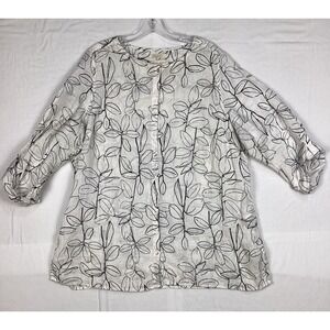 Cynthia Rowley Floral Linen Button Up Shirt Top Roll Tab‎ Sleeve Women Size 1X